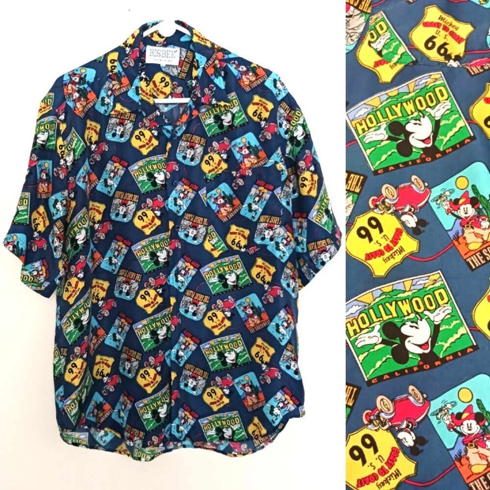 Bisbee Washable Silk Shirt Disney Mickey Mouse Route 66 Travel AOP Sz L